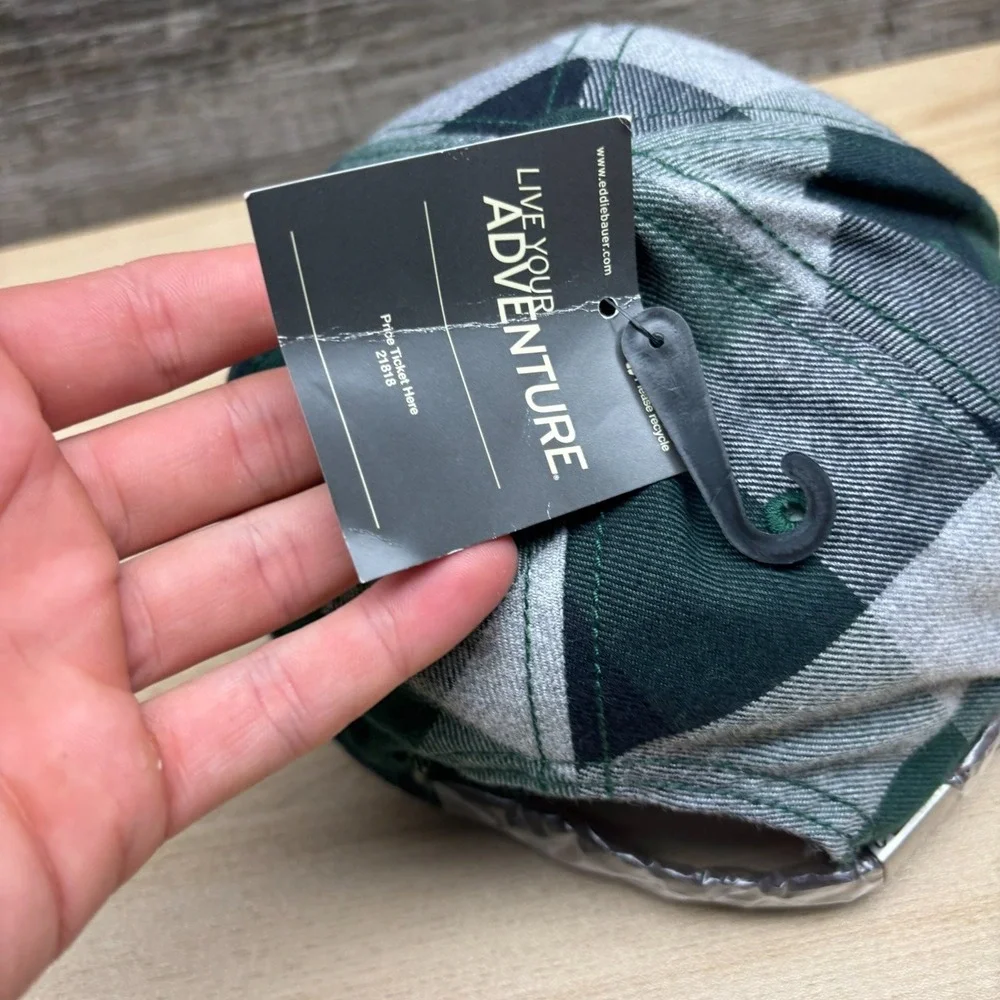 Eddie Bauer Hat Cap‎ Strap Back Green Black Gray Plaid Patch Outdoor Hiking NWT